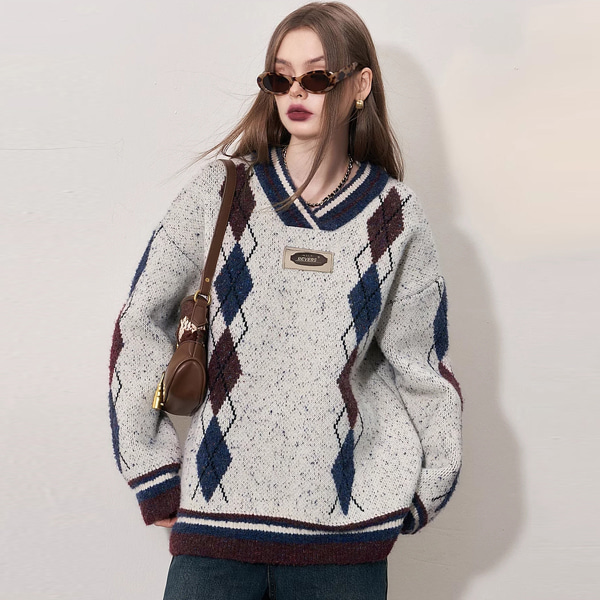 [당일출고]엘프색 레트로 컬리지 디자인 스웨터 2075